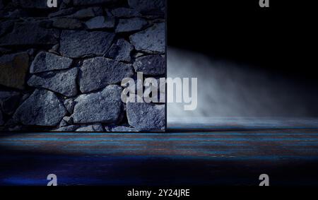 Empty cement room or space.Floor with concrete wall texture background  illuminated by spotlight or lamppost.Empty dark space.3d illustration. Stock Photo