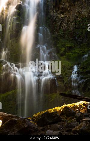 Cascading water flowing over moss-covered rocks at Proxy Falls. Stock Photo