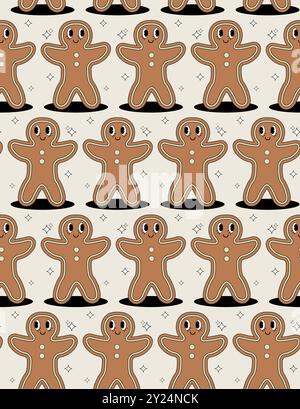 Christmas pattern with Gingerbread man groovy. Pattern in swatches. For fabric, wrapping paper and other decoration. Vector illustration Stock Vector