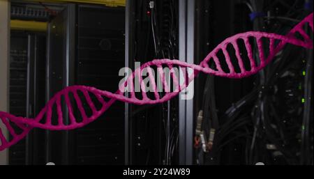 Image of pink dna strand over dark computer servers Stock Photo
