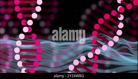 DNA strands and binary coding image over undulating blue waves Stock Photo