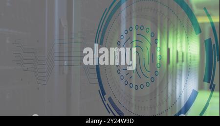 Image of biometric fingerprint and digital data processing over computer servers Stock Photo