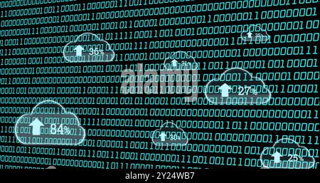 Binary code and cloud icons with upload symbols, representing cloud computing Stock Photo