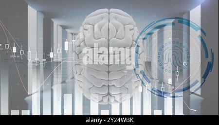 Image of biometric fingerprint and digital data processing over brain ancomputer servers Stock Photo