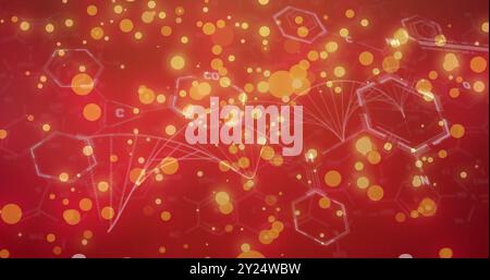 Chemical structures and molecular bonds over red background with glowing particles Stock Photo