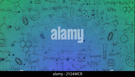 Chemical formulas and molecular structures over abstract scientific image background Stock Photo