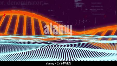 DNA strand and binary coding over abstract digital landscape Stock Photo
