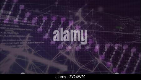 DNA strand and binary coding over abstract network connections Stock Photo