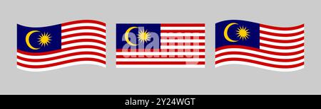 Set of Malaysian flags, classic and waving design. Isolated graphic. Flag of Malaysia clip art collection. Abstract object. Holiday symbol. Tourism Stock Vector