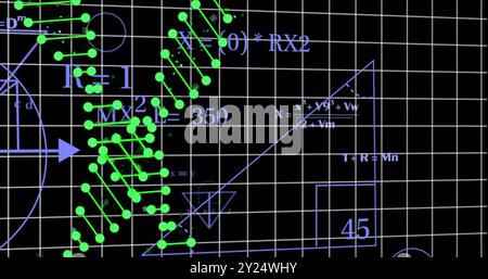 Mathematical formulas and graphs with green data points over black grid background Stock Photo
