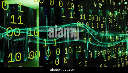 Binary code and digital wave image over cityscape at night Stock Photo