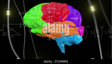 Image of digital brain spinning over mathematical equations Stock Photo