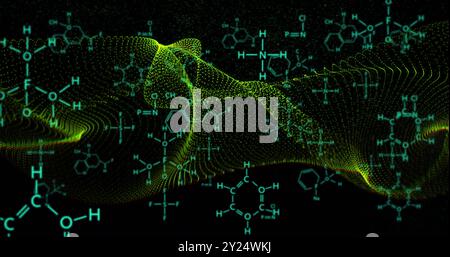 Chemical structures and molecular bonds over dynamic green wave image Stock Photo