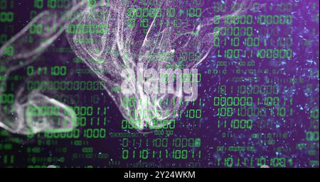 Binary code and data processing over abstract image of swirling shapes Stock Photo