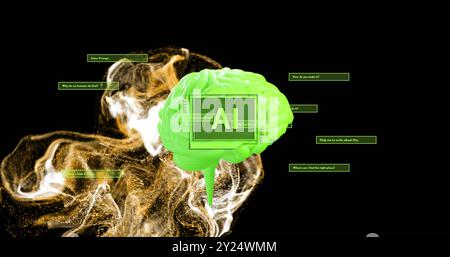 Image of digital brain with ai text over green spots Stock Photo