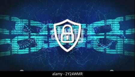 Shield with lock icon and binary code over digital network connections Stock Photo
