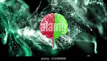 Image of digital brain spinning over green spots Stock Photo