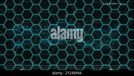Hexagonal grid and digital wave image over dark background Stock Photo