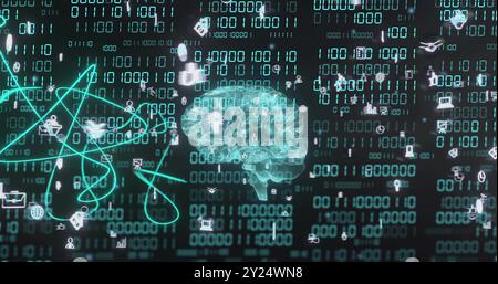 Brain image with binary code and data processing symbols over digital background Stock Photo