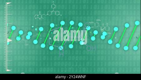DNA strand and chemical formulas over green background with binary coding Stock Photo
