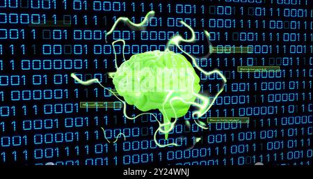 Green brain image over binary code background with electric currents Stock Photo
