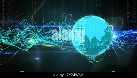 Digital globe with data waves and binary code, representing global network connections Stock Photo