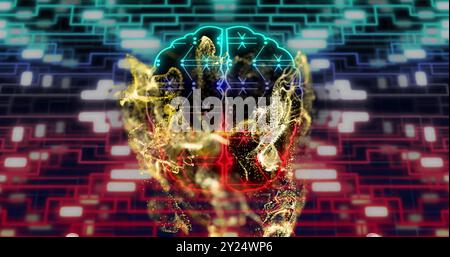 Image of digital brain over neon shapes moving Stock Photo