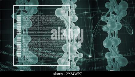 Image of molecules moving over data processing on black background Stock Photo