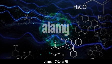 Chemical formulas and molecular structures over abstract digital globe and blue waves Stock Photo