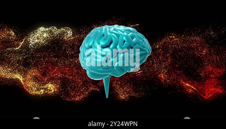 Image of digital brain spinning over yellow and orange spots Stock Photo