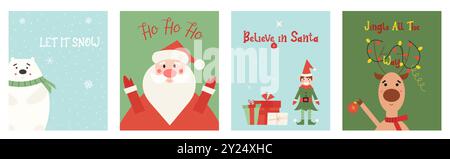 Happy holidays 2024 greeting cards collection. Cute and funny flat Christmas cartoon characters with warm wishes. Stock Vector