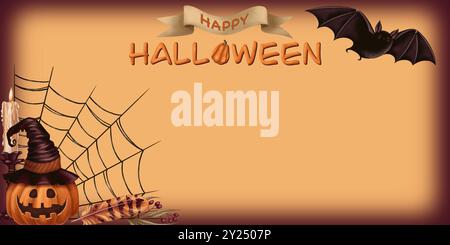 Banner horizontal Halloween background with cute characters in cartoon style. Hand drawn empty blank with copy space. Dark mystical template for autum Stock Photo