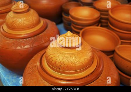 Closeup of unglazed terracotta water jar, famous Mon style's Koh Kret pottery, Koh Kret Island, Nonthaburi, Thailand Stock Photo