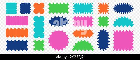 Color jagged geometric shapes. Scallop rectangle, semicircle and oval frames with wiggly borders. Torn paper, serrated stickers or box elements with zig zag edges. Zig zag wavy labels or curved badges Stock Vector