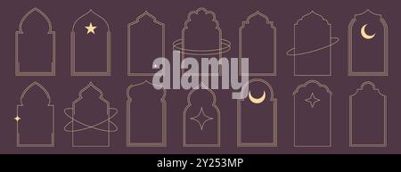Set of islamic frame shapes. Trendy boho thin line art arabic arches. Geometric minimalist aesthetic linear window, simple border, arabian mosque arcs with stars, crescent. Eid mubarak door silhouette Stock Vector