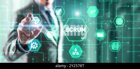 Businessman presses a button Scrum process software development outline concept. Stock Photo