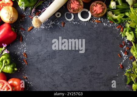 Healthy foods. Vegetables and fruits collection on black cement or stone background. Top view and copy space. Stock Photo