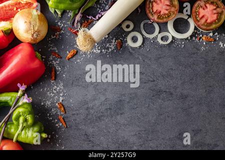 Healthy foods. Vegetables and fruits collection on black cement or stone background. Top view and copy space. Stock Photo