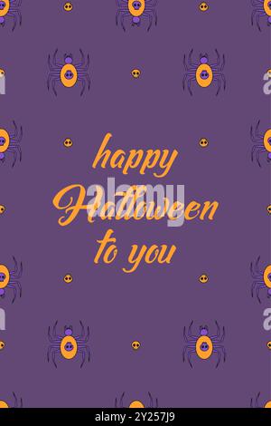 Cute Happy Halloween greeting card with three characters bright orange ...