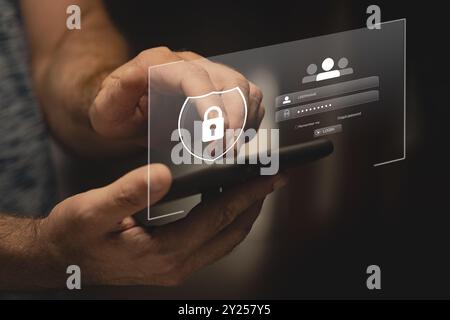 Login and password, cyber security concept, data protection and secured internet access, cybersecurity.Lock icon and internet network security tech. Stock Photo