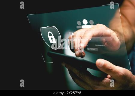 Login and password, cyber security concept, data protection and secured internet access, cybersecurity.Lock icon and internet network security tech. Stock Photo