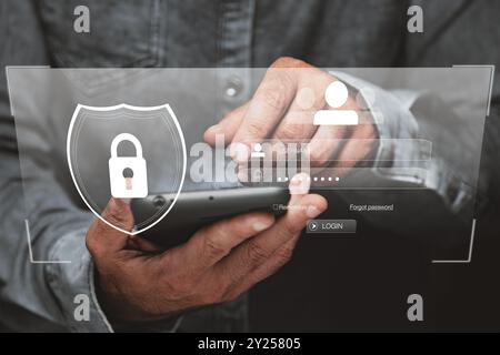Login and password, cyber security concept, data protection and secured internet access, cybersecurity.Lock icon and internet network security tech. Stock Photo