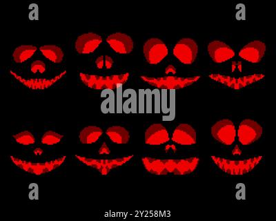 Halloween scary face icons set in pixel art style. Pixel scary pumpkin face in 8-bit retro graphic style of 80s and 90s games. Design for games, apps, Stock Vector