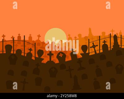 Cemetery at sunset. Halloween background with graves at sunset, graves with crosses. Silhouette of a cemetery with tombstones and grave crosses. Desig Stock Vector