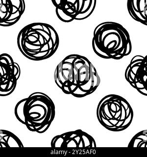 Doodle Curly Lines pattern in Black and White colors. Abstract Helix print. Naive playful squiggle background. Childish, Doodle drawing. Vector illustration. Stock Vector