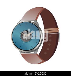 Illustration of the men's watch featuring a leather strap, along with a compass, date, and week display. Stock Vector