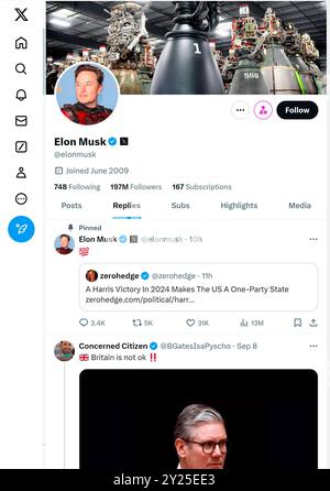 'X' - formerly Twitter - page (Sept 2024) of Elon Musk, owner of the social media site Stock Photo