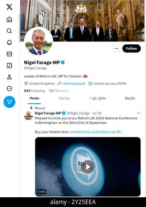 'X' - formerly Twitter - page (Sept 2024) of Nigel Farage MP, leader of the Reform Party Stock Photo