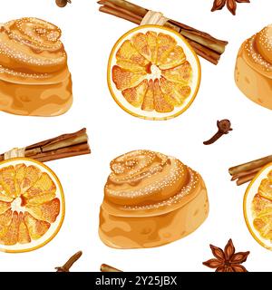 Seamless vector pattern featuring cinnamon buns, orange slices, cinnamon sticks, cloves, and star anise. Stock Vector