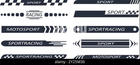 Sports racing stripes. Sports car, moto, boat stickers, striped vehicle tuning bars flat vector illustration set. Tuning racing sport decals on white Stock Vector